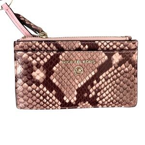 MICHAEL KORS, Jet Set Charm Snakeskin Print Wallet Pink & Brown Card Slot Coin